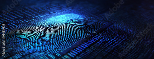 A close-up fingerprint image symbolizing digital security highlighting biometric patterns on a data background with copy space. Panorama