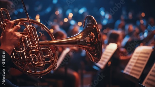 A close-up of a french horn being played during an orchestra performance.