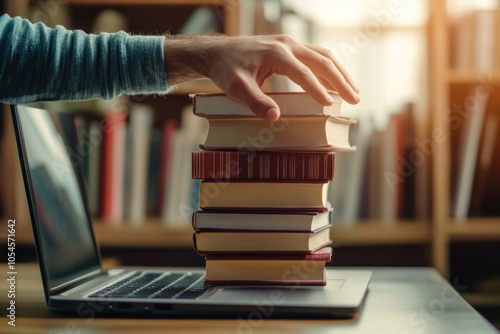 Person holding stack of books while using laptop. Combination of studying and work in one shot. Multi-tasking image.