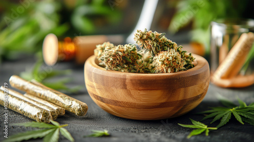 Cannabis buds and blunts on wooden table with leaves and accessories for relaxation