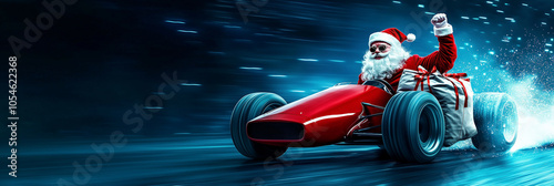 crazy santa claus in fast moving red formula race car blue wide panorama background with copy space. funny christmas concept gift delivery