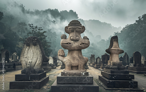 Stone statues in a graveyard muted brown and grey misty atmosphere mysterious and eerie ancient burial ground 