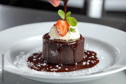 Chocolate syrup being poured onto a dessert, with the rich liquid coating the surface and capturing a sense of indulgence and texture, symbolizing sweetness and decadence