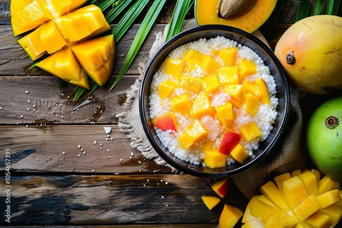 Tropical mango sago dessert with fresh mango cubes and leaves