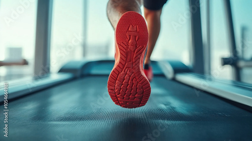 Close up of runners foot in red shoe, capturing motion of running on treadmill. dynamic energy and focus of athlete are evident in this vibrant scene