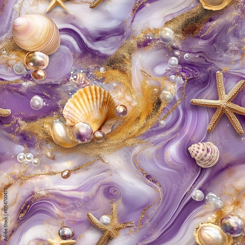 Oceanic Elegance: Abstract Marble Art with Gold and Blue Accents, Pearls, Shells, Starfish, and Whimsical Bubbles in Various Artists' Styles