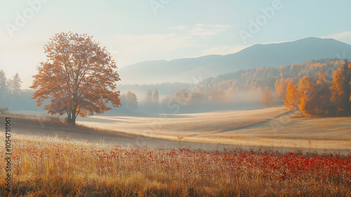 rural field and orchard in autumn at sunrise. mountainous countryside with fog in distant wally with white shades, vintage, png