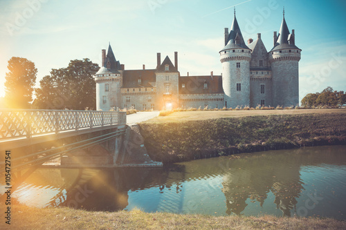 View of famous medieval fortified castle of Sully-sur-Loire, Loire valley, France