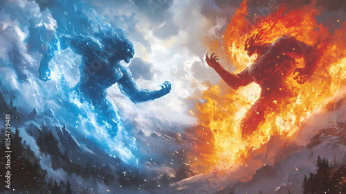 Clash of elemental forces: fire vs. ice. Fire and Ice Battle. Illustration