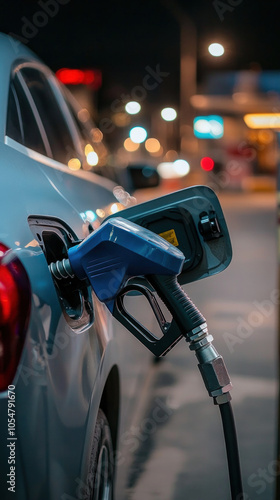 A car is being filled with gas at a gas station. The car is parked and the gas pump is attached to the car. The image has a mood of calmness and routine