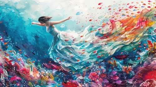 Explore a serene underwater scene in brilliant watercolors, showcasing vibrant marine life swirling around a ballet dancer in a perfect pirouette