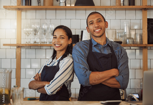 Portrait, arms crossed or happy couple in restaurant or cafe with smile or small business together. Teamwork, proud woman or managers at coffee shop or diner with hospitality service in partnership