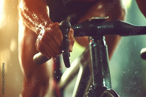 person gripping the handlebars of a spin bike with sweats visible