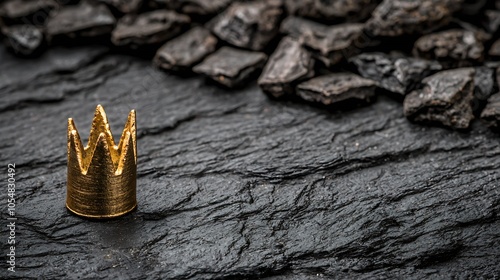 Golden Crown on Black Stone Surface Symbolizing Power Royalty and Leadership : Generative AI