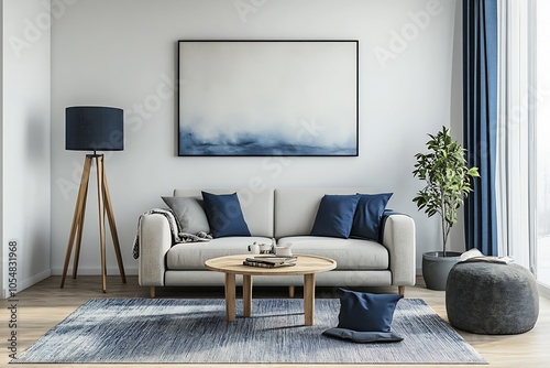 Modern living room with blue accents and abstract painting in a stylish and inviting interior design : Generative AI