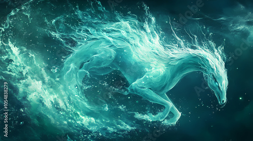 Ethereal kelpie shapeshifter:a whimsical aquatic spirit in teal. Shapeshifter. Illustration