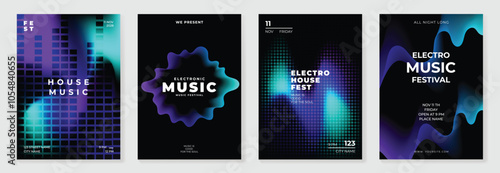 Music poster design background vector set. Electro Sound Cover template with vibrant abstract gradient geometric shape and line wave. Ideal design for social media, flyer, party, music festival, club.