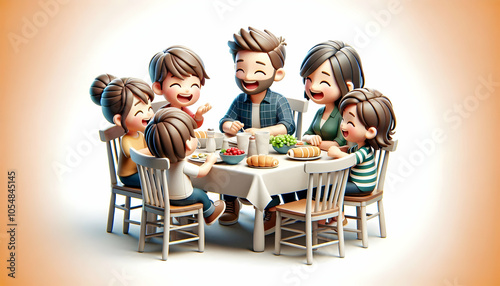 3D Candid Family Dinner Table Story Sharing Image - Natural Interactions, Joyful Moments, Close-Knit Communication, Ideal for Family Bonding, Home Products, Dining Promotions, White Background Icon