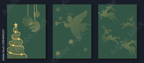 Luxury christmas invitation card art deco design vector. Christmas tree, snowflake, reindeer, angle, spot texture on green background. Design illustration for cover, print, poster, wallpaper.