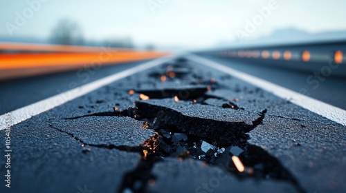 A cracked asphalt road showing signs of damage, likely due to seismic activity, highlighting the impact of natural disasters.