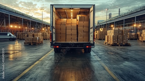 A delivery truck filled with boxes prepares to unload at a logistics hub during sunset