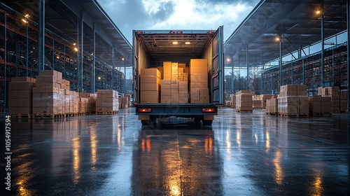 Loading boxes into a truck at a warehouse during twilight with reflective wet surfaces and overhead lighting enhancing visibility