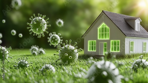 Energy Field Around Clean House: A 3D rendering of a home surrounded by a glowing energy field, with germs outside the boundary, symbolizing household germ protection.