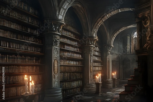 Venerable Ancient Library with Flickering Candles and Shelves of Scrolls and Tomes