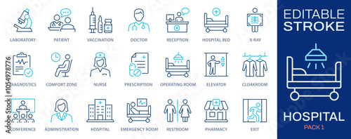 Hospital outline icon set. Collection of vaccination, doctor, x-ray and more. Vector illustration. Editable stroke.