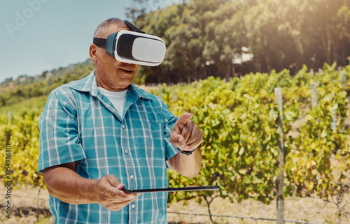 Senior, man and tablet with vr headset in vineyard for interactive metaverse, winery tour or digital innovation. Point, guest and user experience of grape farm with 3D glasses for harvest simulation