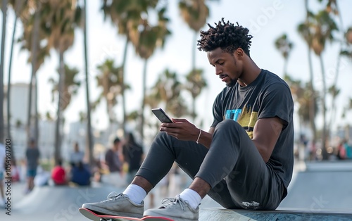 fit african american skater sitting down to look at smart phone at santa monica