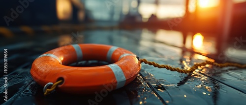 A vivid lifebuoy on a wet dock, reflecting the warm hues of a sunset.