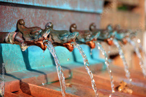 Ornate Water Spouts with Flowing Water