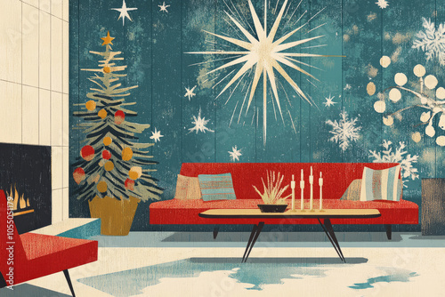 Mid century modern holiday interior design Christmas card style background illustration retro vintage interior minimalist colorful desgn art Christmas tree living room decor