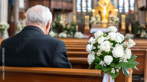 Senior man sitting alone on church pew bench to pray at funeral service