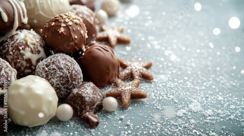 Indulge in a chocolate delight with an elegant assortment of truffles and star-shaped sweets sprinkled with sugar on a snowy winter surface.