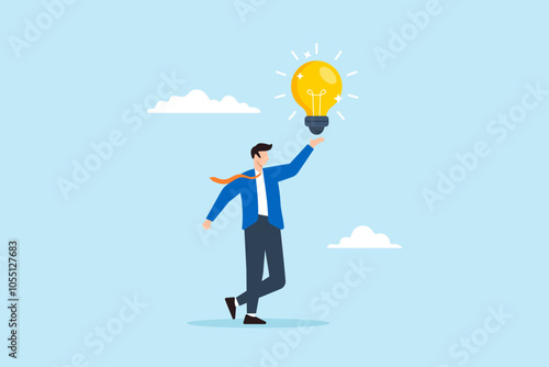 Flat illustration of businessman hold bright lightbulb creativity finding inspiration solution expert solving problem leader giving advise professional help eureka moment