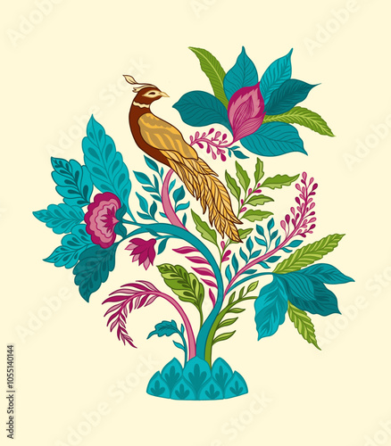 Bird sits on a branch.Mughal decorative ornamental floral. Vintage intricate traditional mughal style with flowers and foliage.