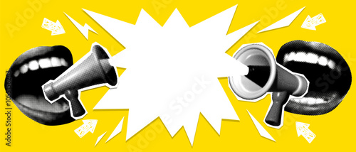 Modern collage with screaming mouth, loudspeaker and speech bubble. E-commerce banner. Halftone newspaper elements. Advertising banner with bullhorn, copy space. Woman shouting into loudspeaker