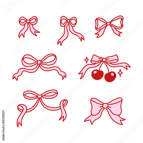 Set of elegant bow knots, gift bows. Collection of beautiful holiday decorative elements, festive present decor. Coquette pretty charming pink bow with cherry. Vintage hand drawn illustration