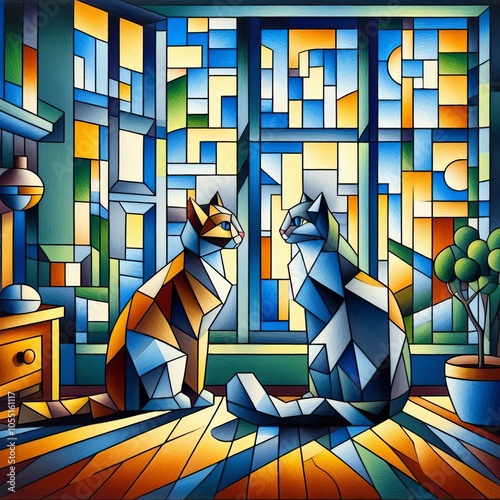  Cubist A cubist painting of a cat by the window created using g