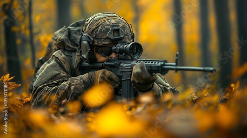 soldier with a rifle in ambush in the forest 