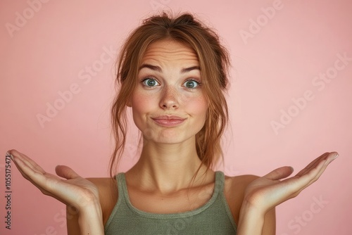 Young woman showing i don't know gesture with doubtful face expression