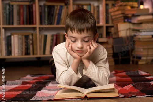 Child lying on a checkered blanket, focused on an open book, surrounded by tall, string-tied stacks of books with a bookshelf backdrop. Captures the essence of childhood curiosity and the love for rea