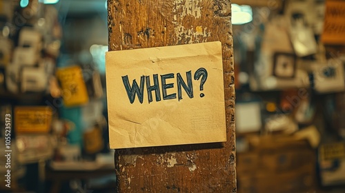 A card with the word 'WHEN?' is taped to a textured wooden beam in a busy room, symbolizing themes of querying time and indefinite expectations.