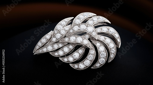 Intricate silver brooch adorned with numerous sparkling diamonds arranged in an elegant leaf-like pattern on a dark background.