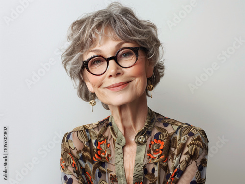 Femme élégante avec lunettes de 50 à 60 ans en blouse chemise devant un ordinateur sur fond blanc : portrait d'une salariée au travail, sénior et femme dans le monde de l'entreprise