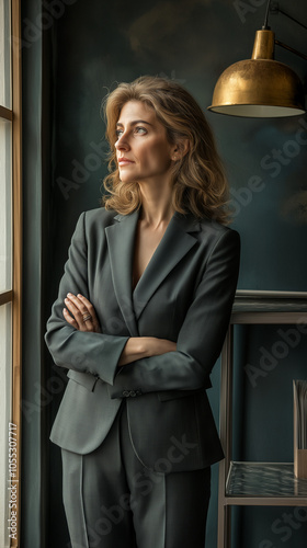 Portrait d'une femme influente en costume tailleur gris de 50 à 60 ans dans un bureau : dirigeante, cadre, executif, entrepreneur, associée, représentation d'une femme de pouvoir