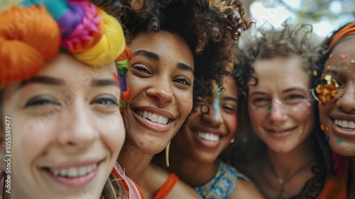 Diverse group of happy friends having fun outside.