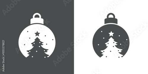 Decoración de Navidad. Logo con silueta de bola de navidad en espacio negativo con árbol de navidad con estrella para tarjetas y felicitaciones